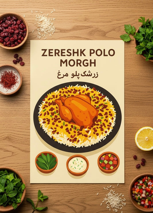 Persian Food Poster | Zereshk Polo Morgh Art Print | Iranian Kitchen Decor | Vintage Persian National Cuisine | Saffron Rice & Chicken